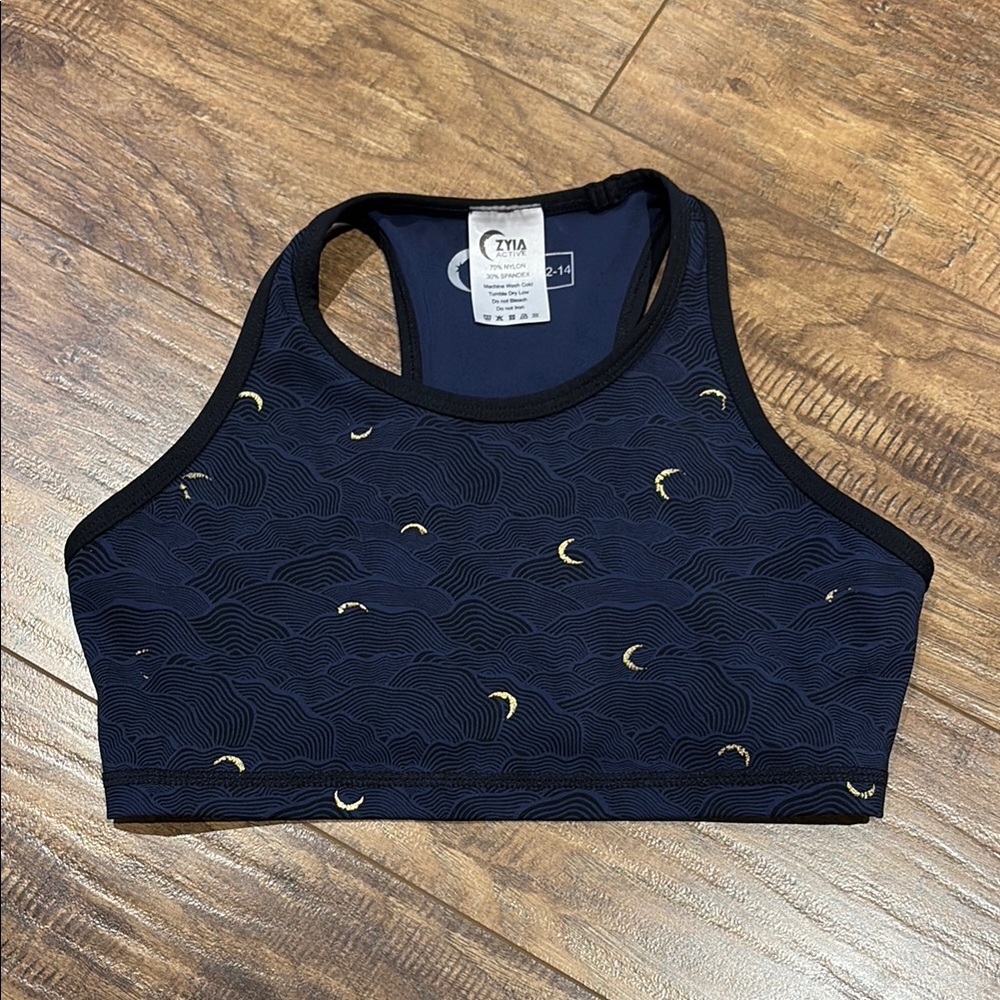 Zyia active crop top athletic bra navy blue, gold and black